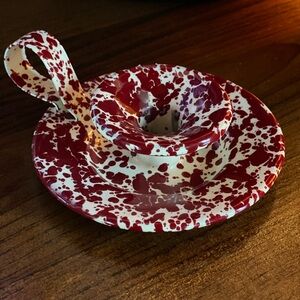 Vintage Red/White Splatter Enamelware Candlestick Holder